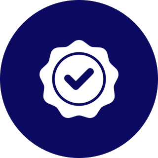 Checkmark badge icon on blue background.