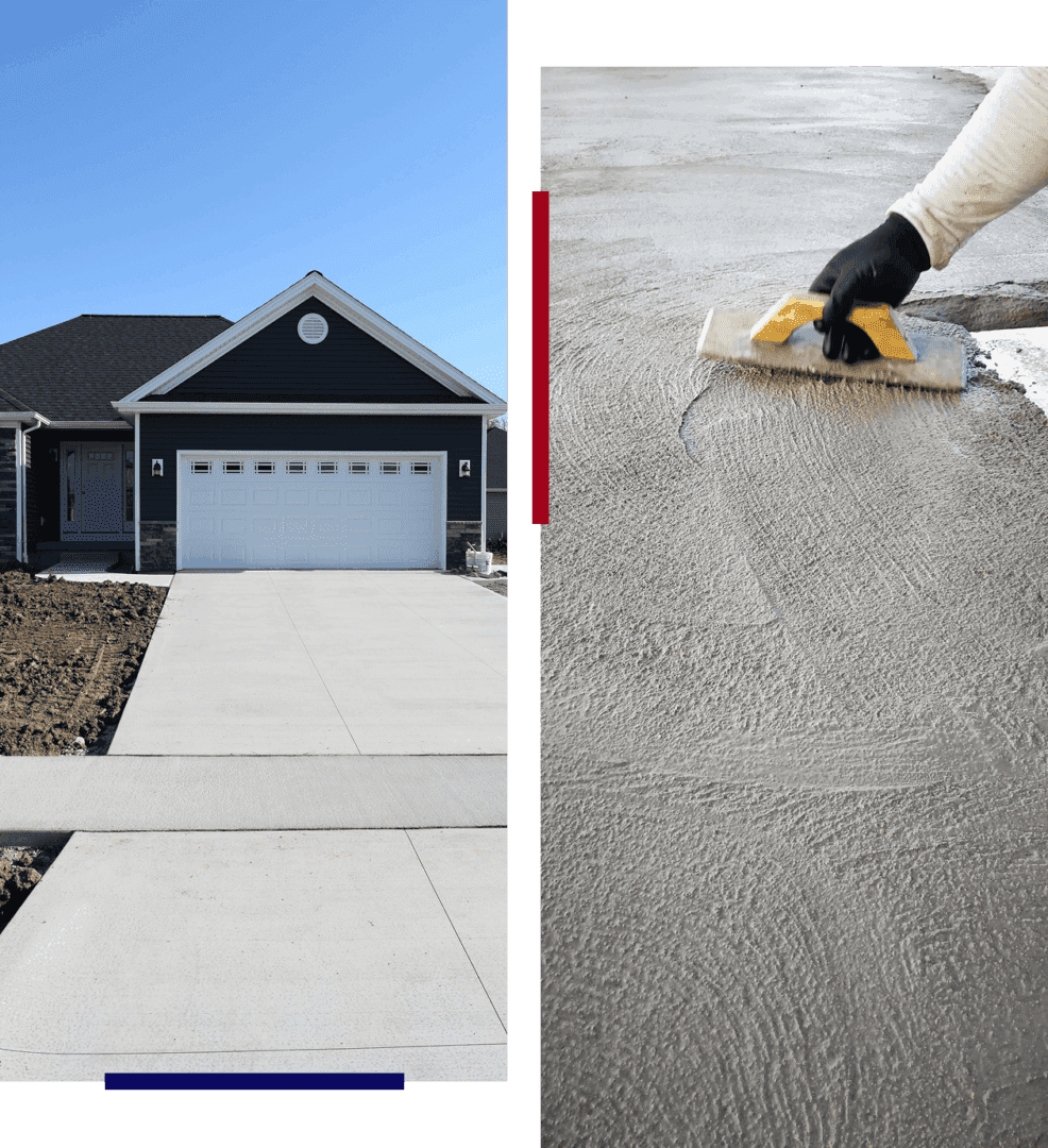 Concrete driveway construction and smoothing process.